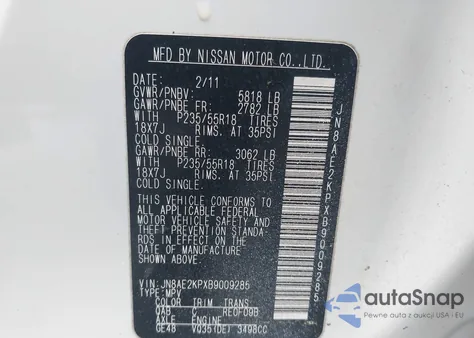 2011 Nissan Quest Sl from USA, damaged, VIN JN8AE2KPXB9009285